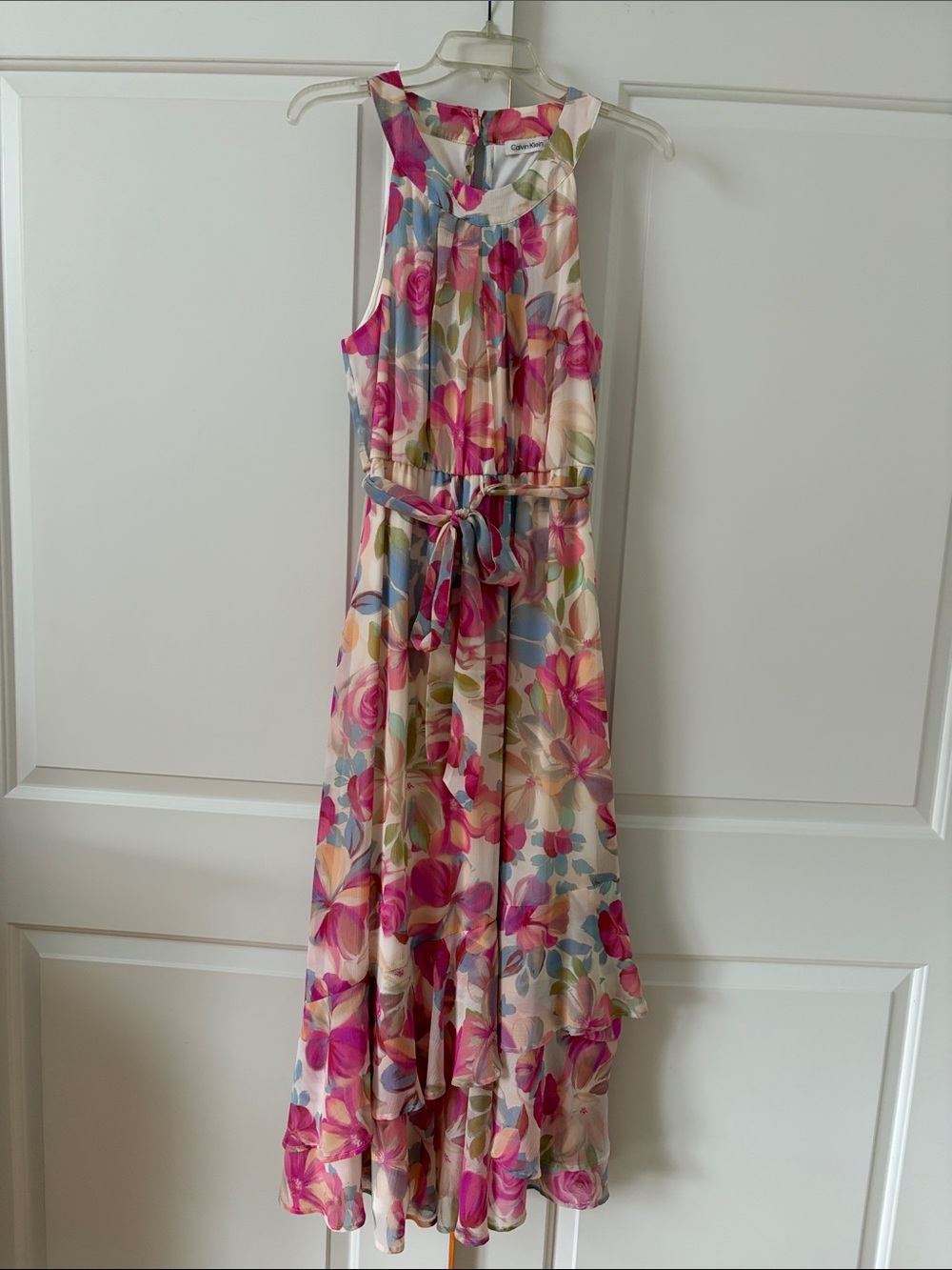Calvin Klein Pink Multicolor Floral Tie-Waist Maxi Dress
